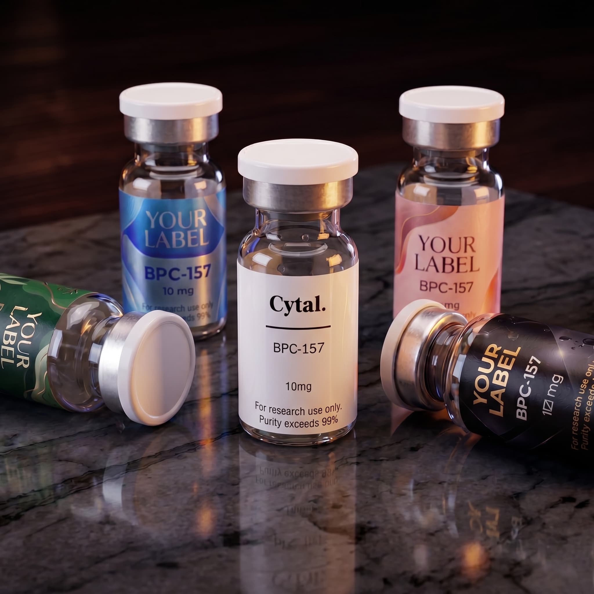 Cytal research-use-only labeled vials on a marble surface