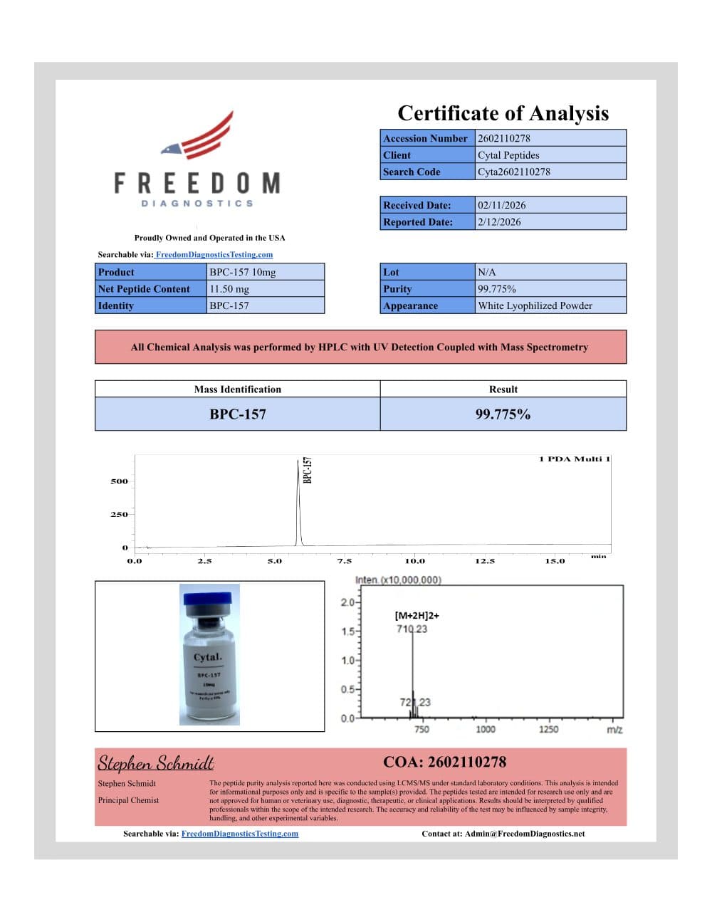 First page of the BPC-157 report for batch 2602110278