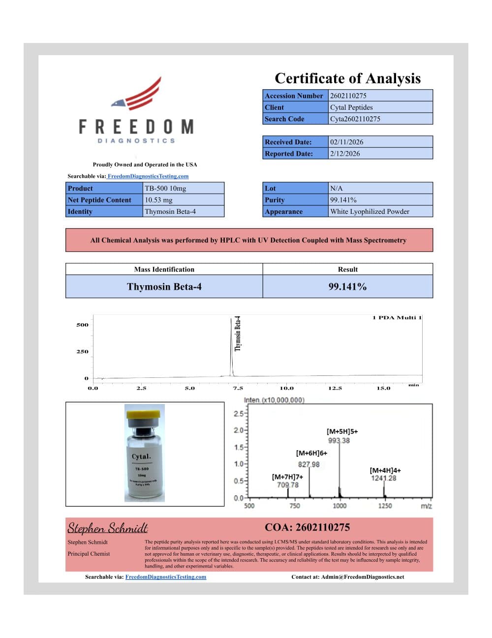 First page of the TB-500 report for batch 2602110275