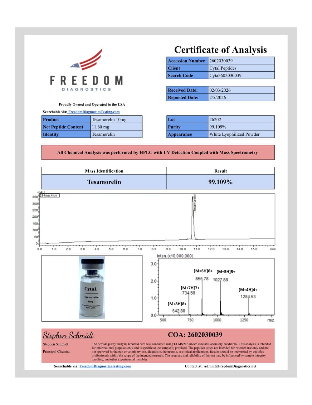 First page of the Tesamorelin report for batch 2602030039