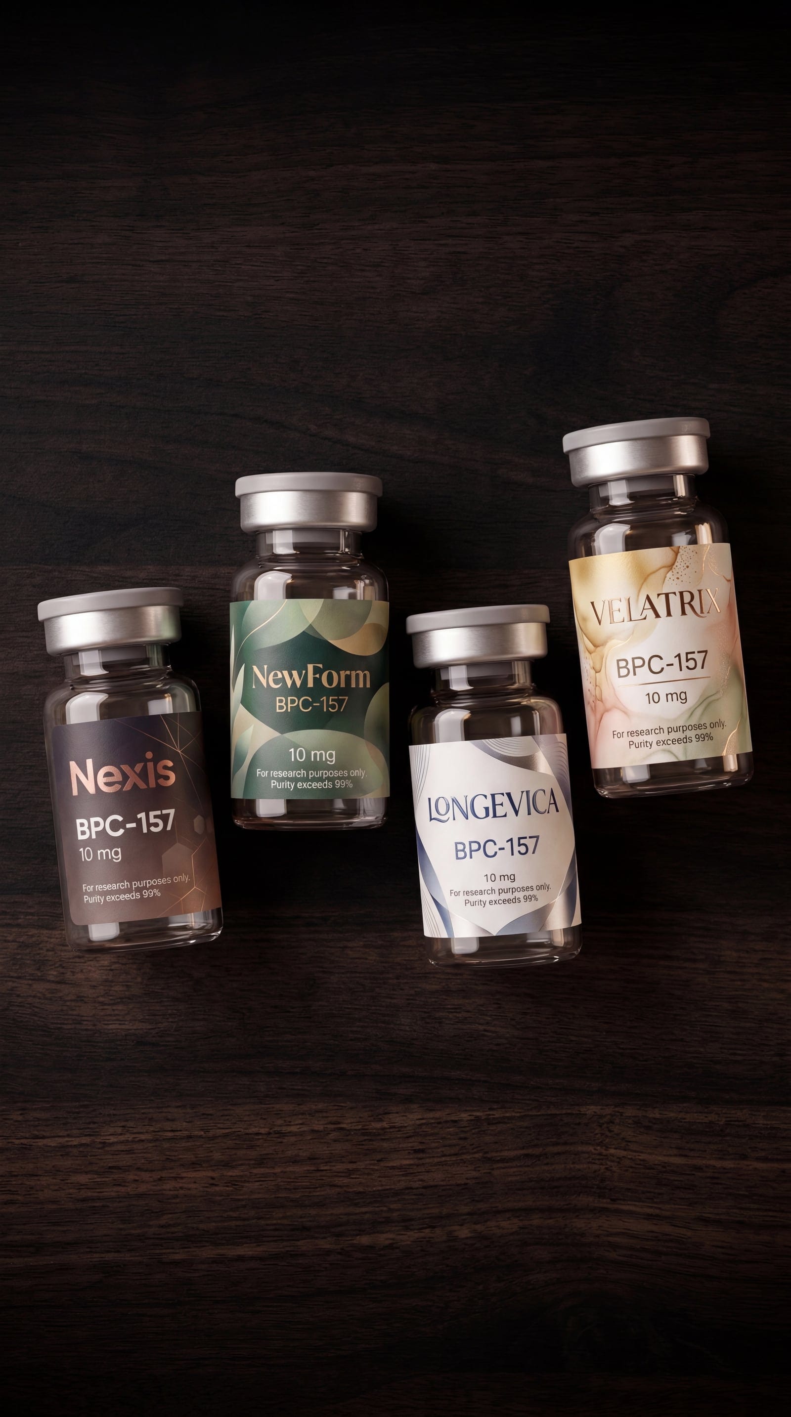 Four research peptide vials with custom RUO labels on a dark wooden table